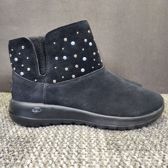 Skechers On The Go Joy Womens Size 9 Black Suede Studded Ankle Booties Boots - Picture 1 of 9
